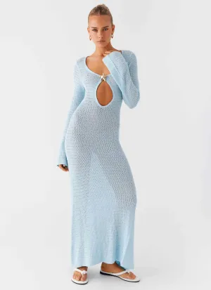 Seascape Chochet Maxi Dress - Blue Embroidered Fabric Cool Draping