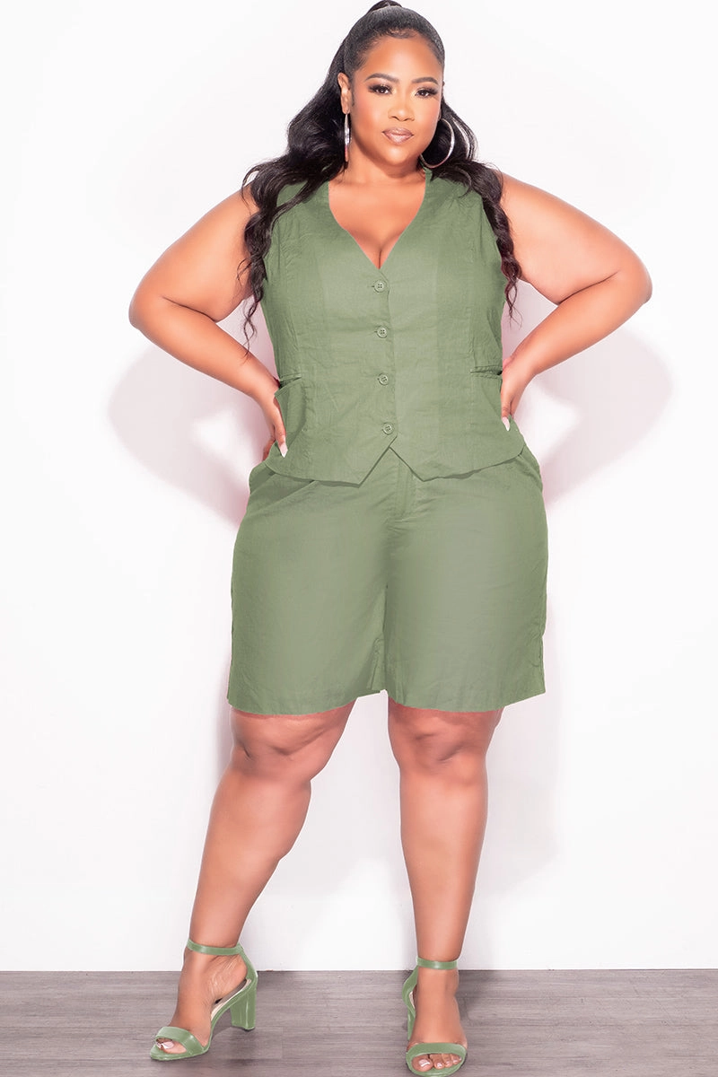 Final Sale Plus Size 2pc Sleeveless Linen Blazer Vest Short Set in Olive Daily Comfort Fit
