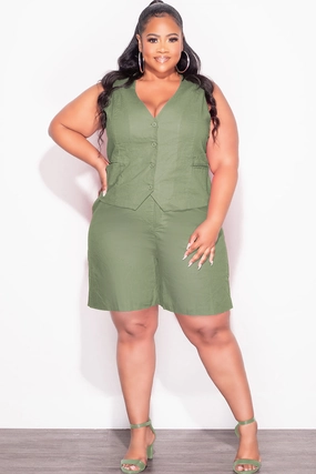 Back pockets Neutral Fit Final Sale Plus Size 2pc Sleeveless Linen Blazer Vest Short Set in Olive