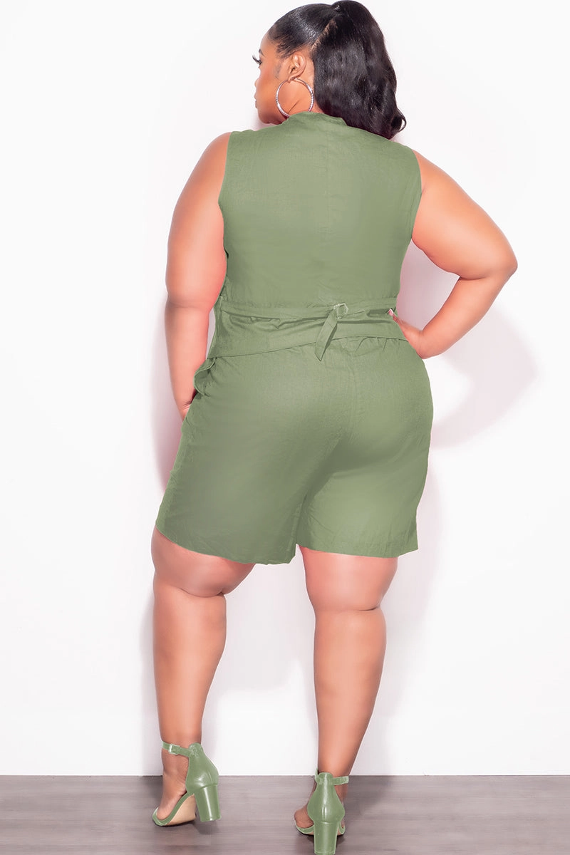 Comfort Design LowProfileStitching Final Sale Plus Size 2pc Sleeveless Linen Blazer Vest Short Set in Olive