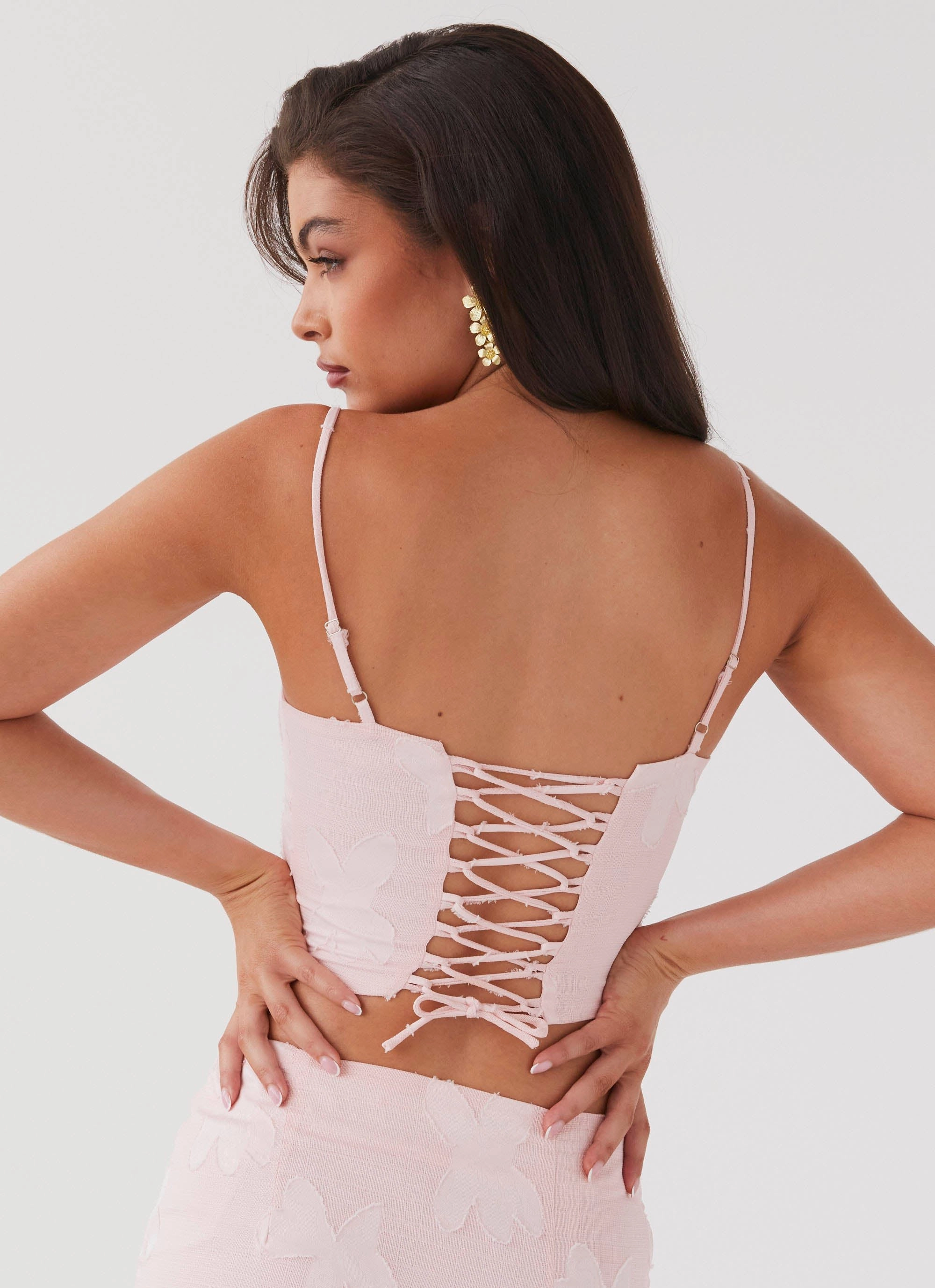 RecycledPolyesterBlend RawEdgedDesign Best Love Lace Up Top - Pink Petal