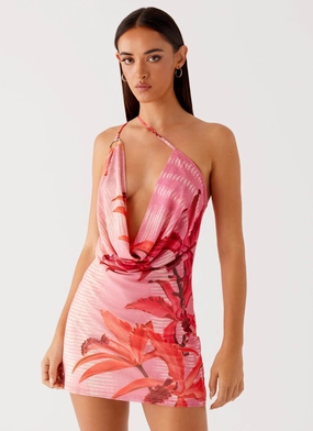 Lace Fine Smooth-Lining Bohemian Bliss Mesh Mini Dress - Tropical Pink Print