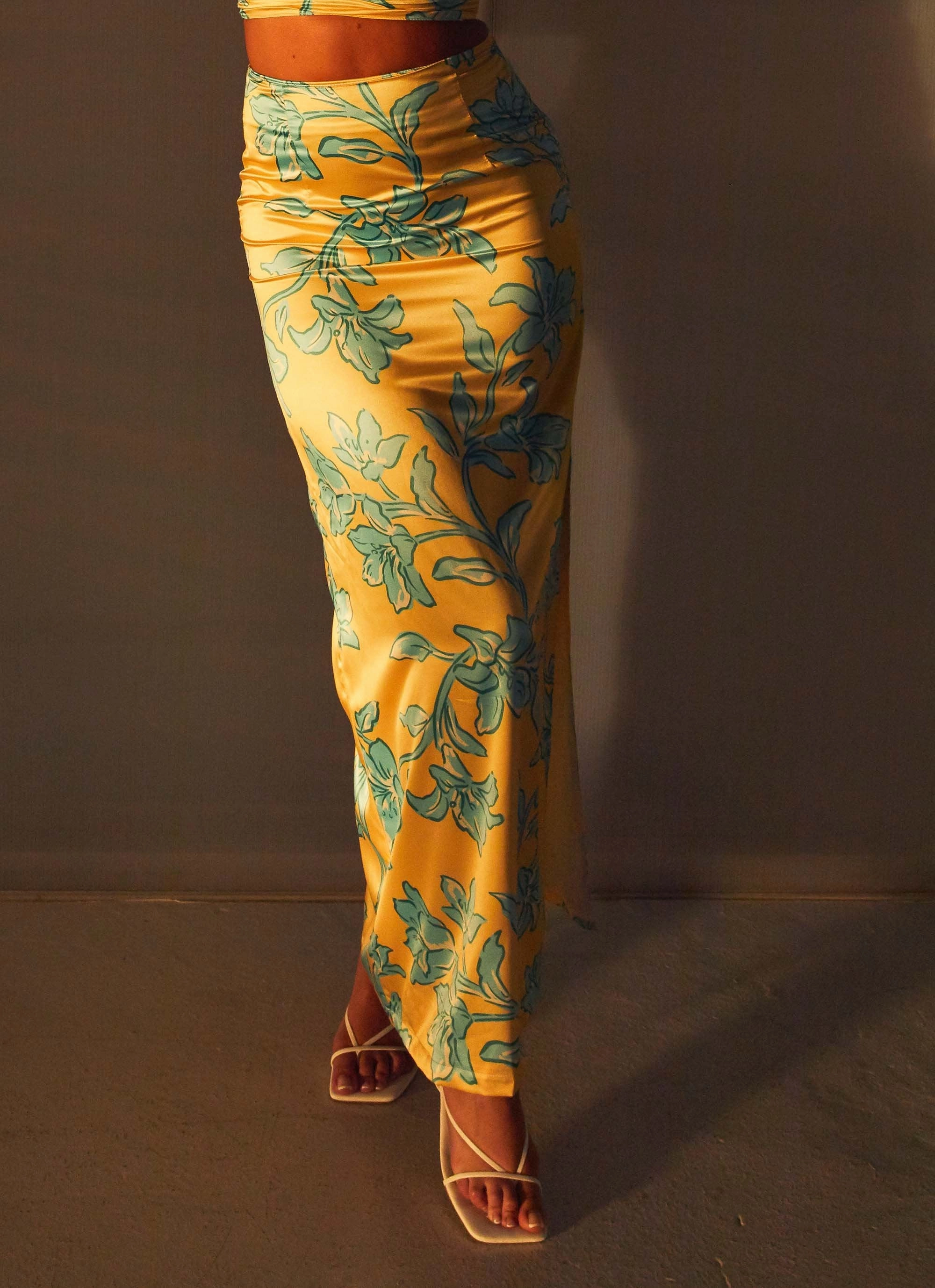 Lounge-friendly Smooth Texture Amalia Satin Maxi Skirt - Golden Bloom