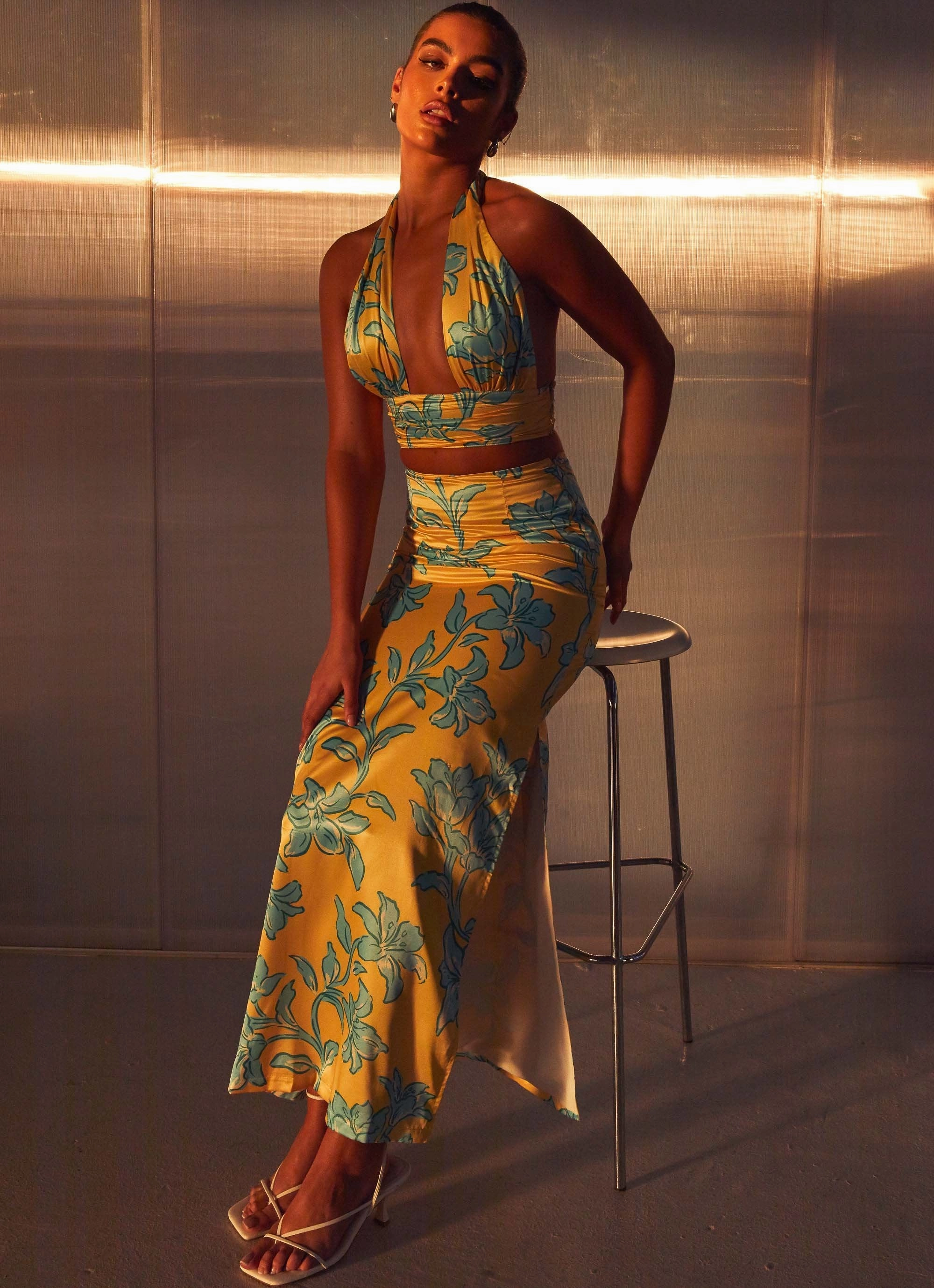 Amalia Satin Maxi Skirt - Golden Bloom Soft Feel