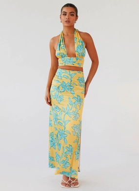 Frayed hem Amalia Satin Maxi Skirt - Golden Bloom