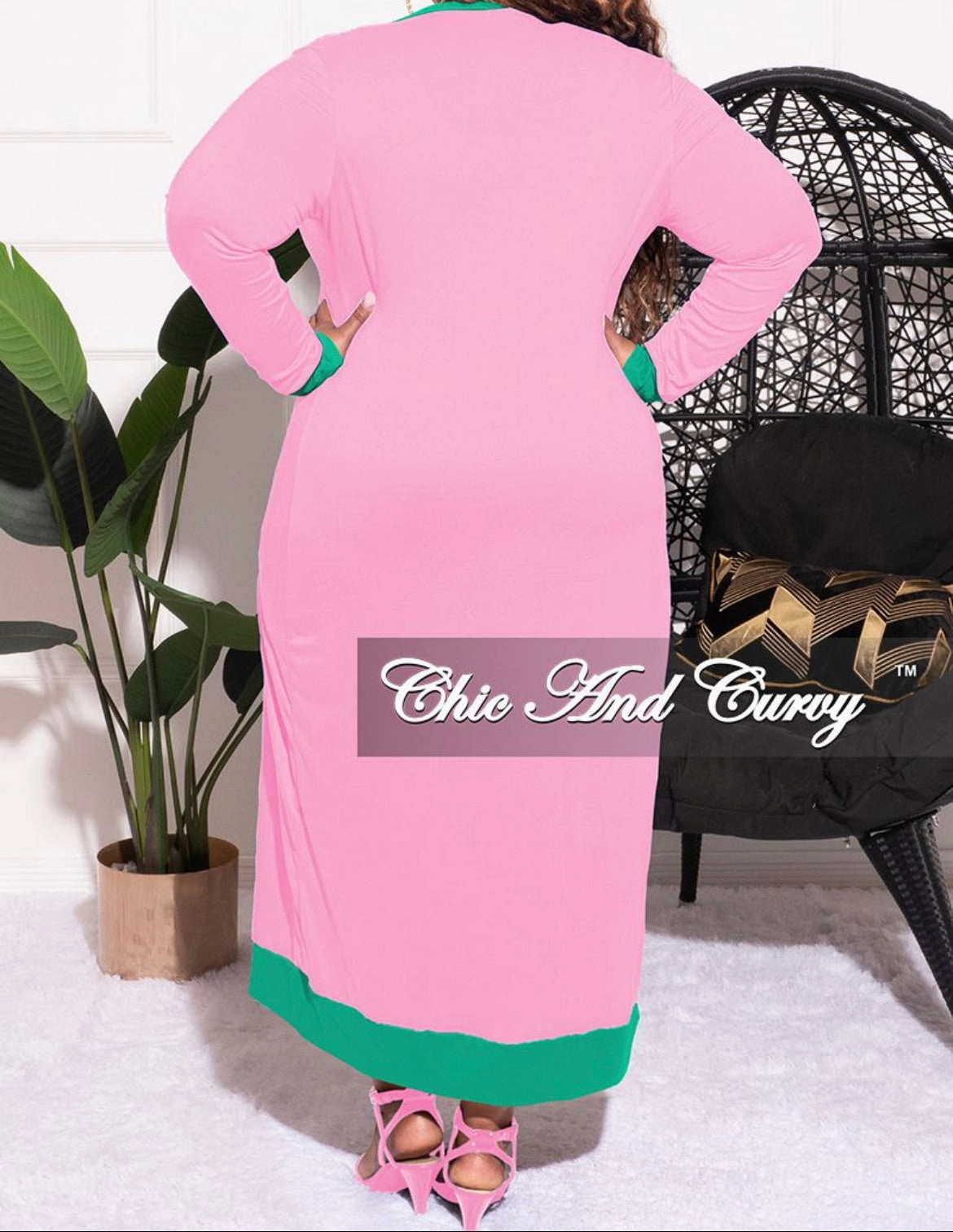 Timeless Fit All Fit Final Sale Plus Size 2pc Set Duster & Tank Tie Dress in Pink & Green