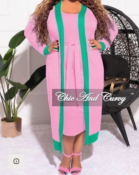 Final Sale Plus Size 2pc Set Duster & Tank Tie Dress in Pink & Green Soft Comfort No Wrinkle