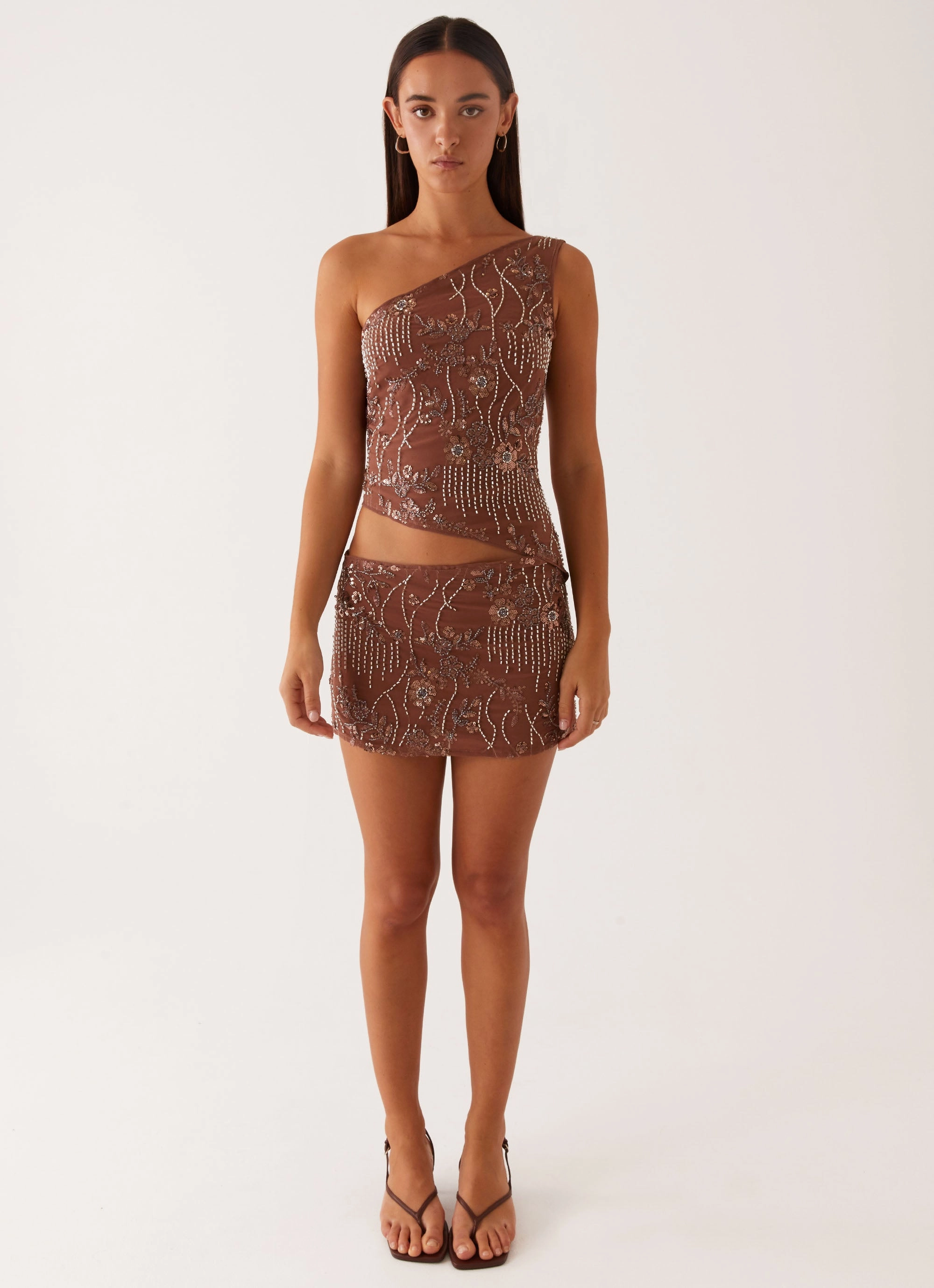 Through The Night One Shoulder Mini Dress - Chocolate Classic Fit Free Step
