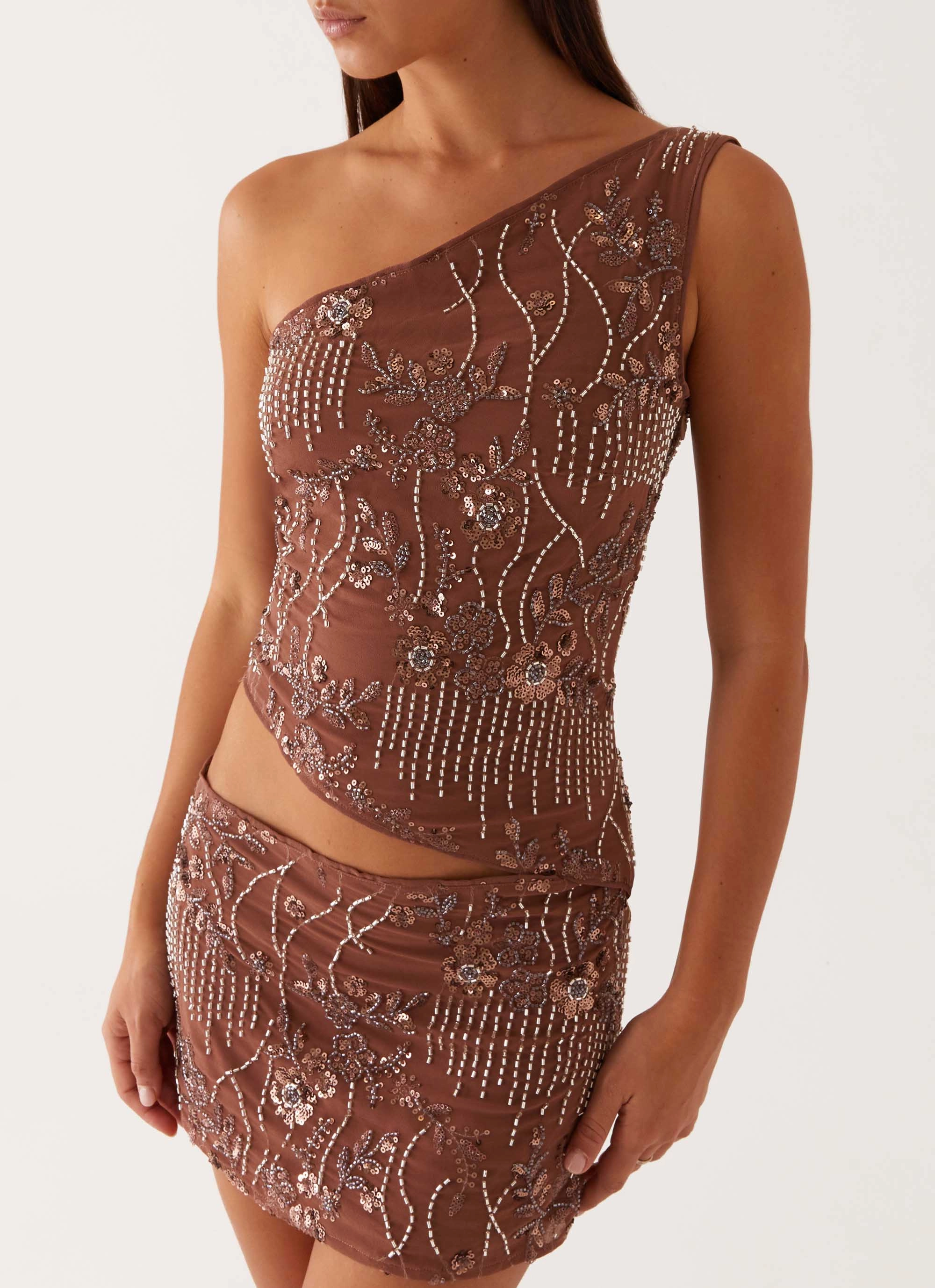 Through The Night One Shoulder Mini Dress - Chocolate All Fitwear Vibrant Look