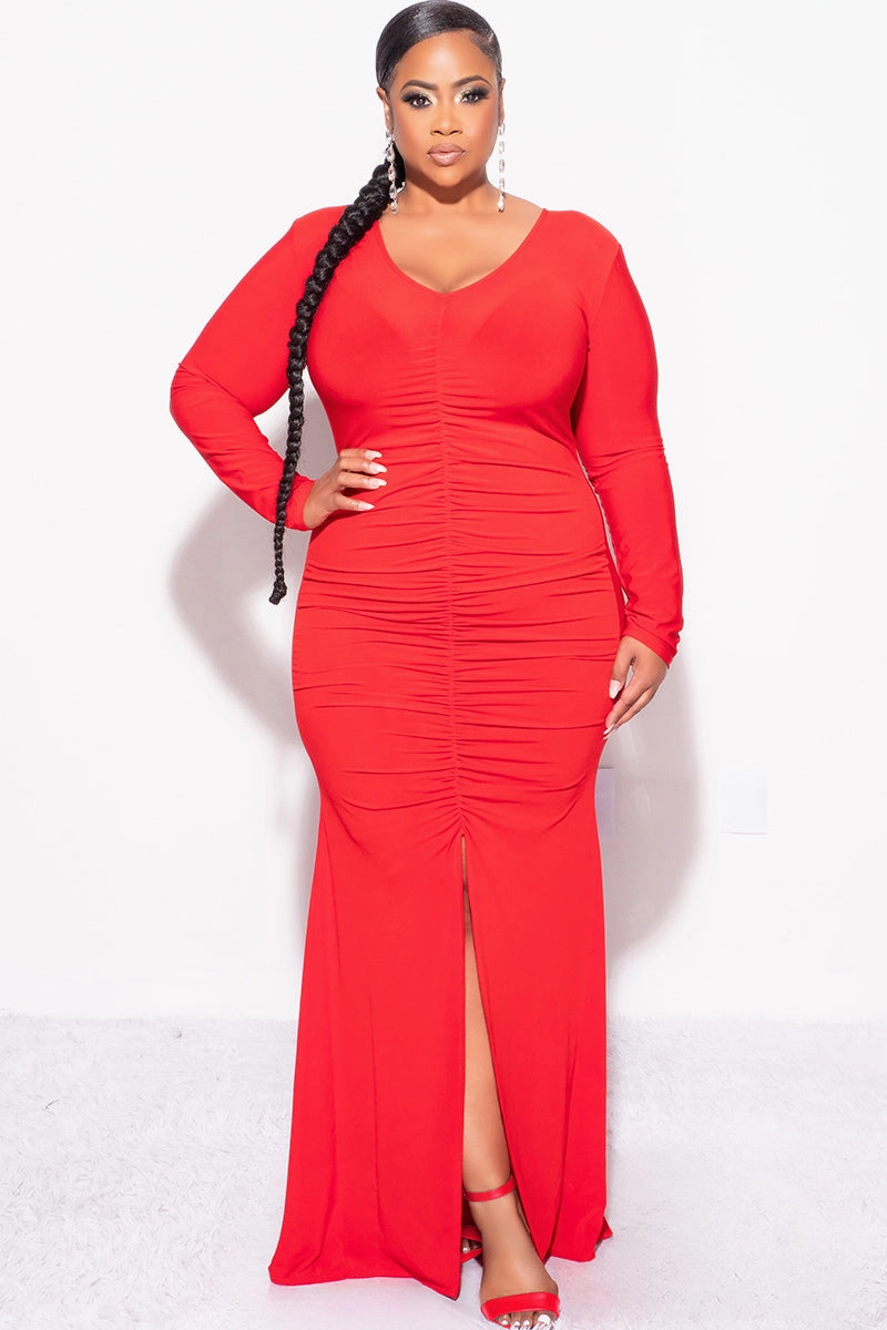 Final Sale Plus Size V-Neck Gown with Center Ruching and Slit in Red Layered Collar Structure