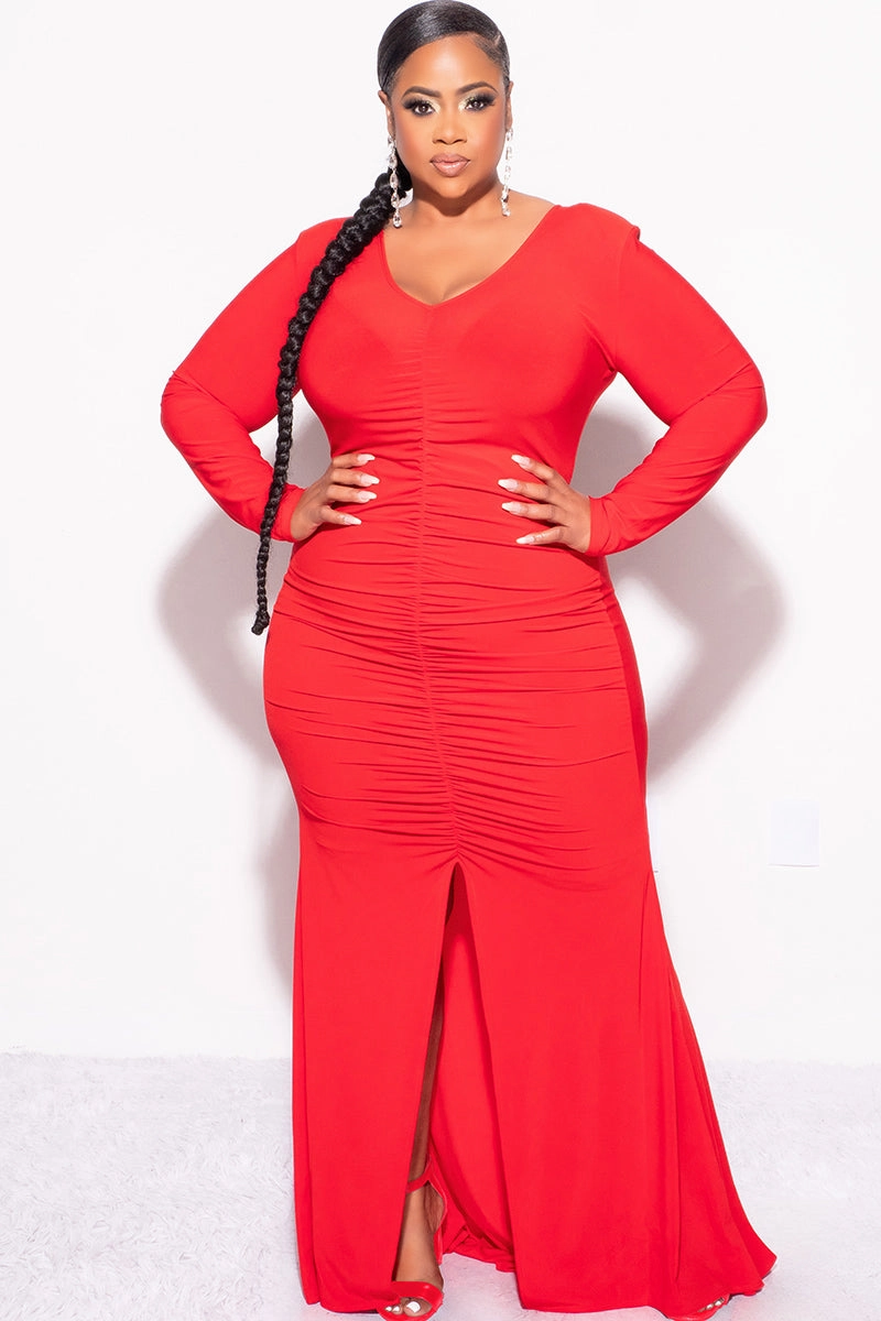 Final Sale Plus Size V-Neck Gown with Center Ruching and Slit in Red Luxurious Feel Flatlock Seams