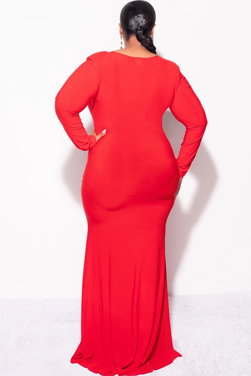 Final Sale Plus Size V-Neck Gown with Center Ruching and Slit in Red ButtonDownCollar