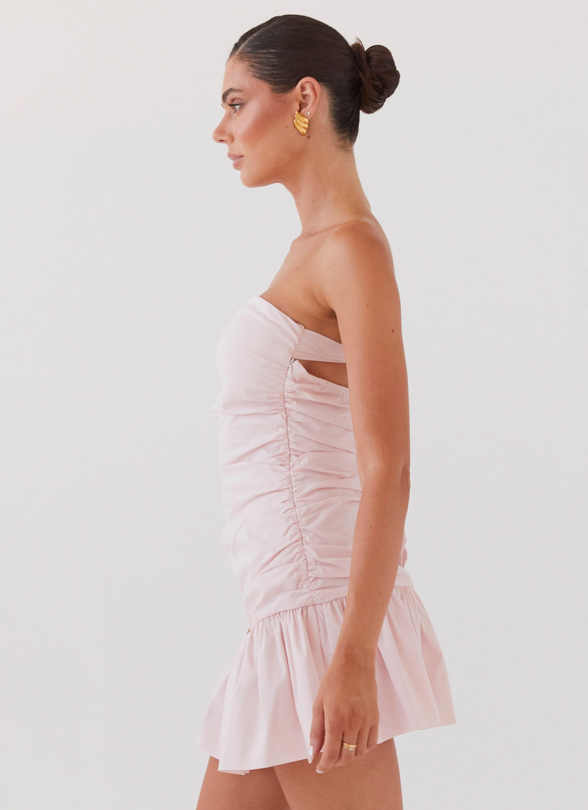 Dear Taylor Ruched Mini Dress - Pink Cloud Artistic Detail Cozy Design