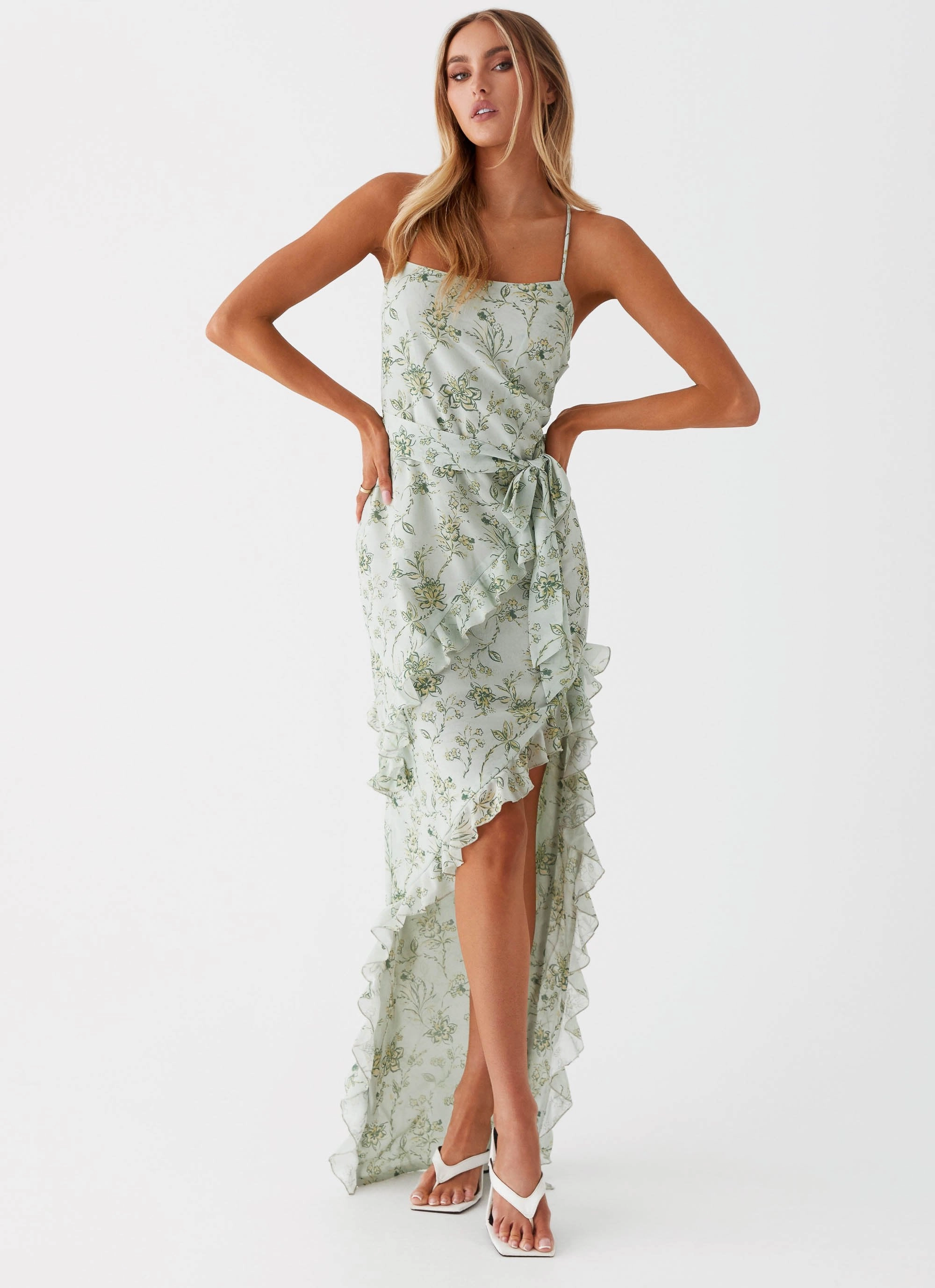Sweet Serenity Maxi Dress - Sage Floral Embroidered Fabric