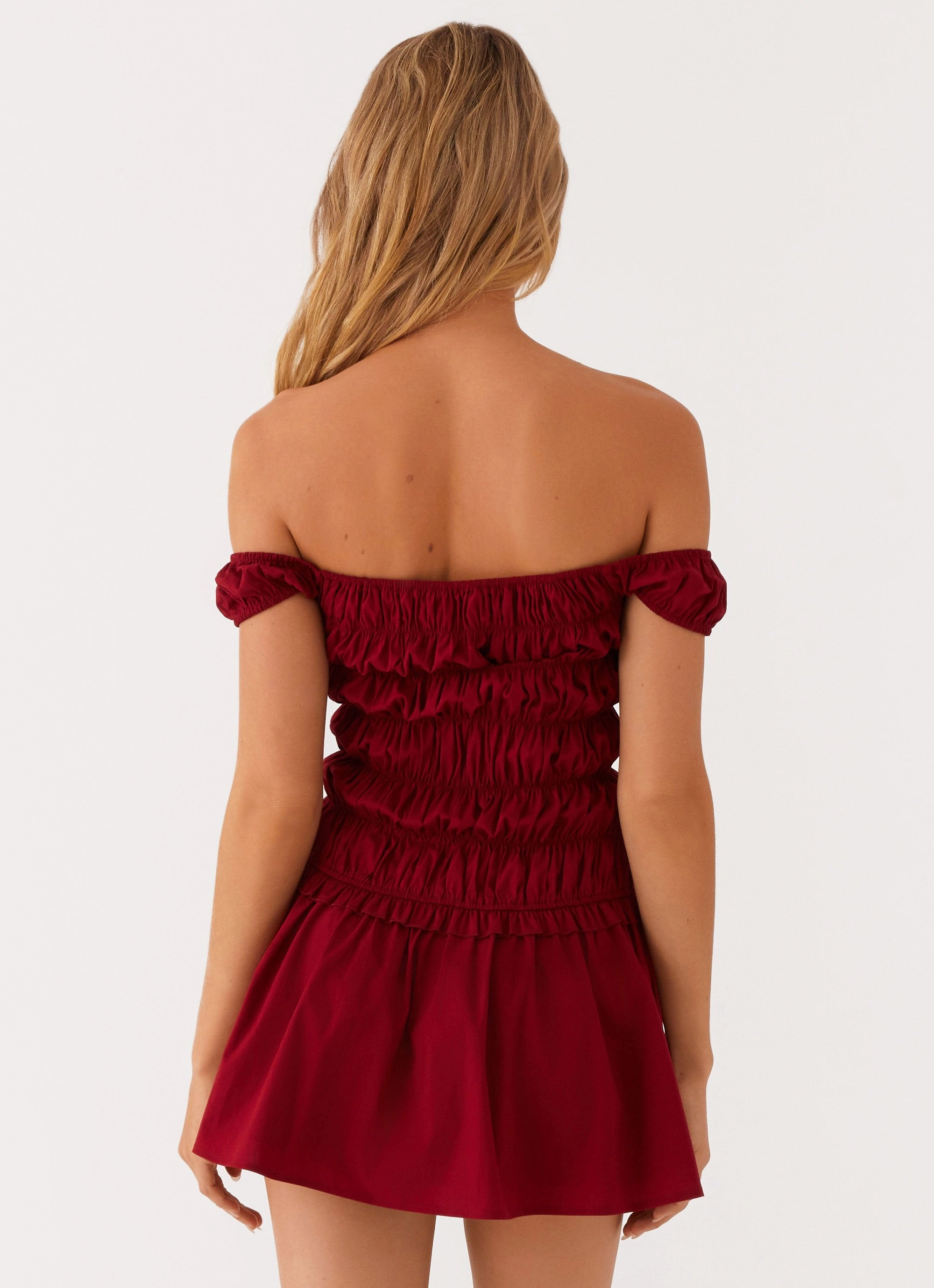 effortless grace Edgy Twist Countryside Off Shoulder Mini Dress - Deep Red