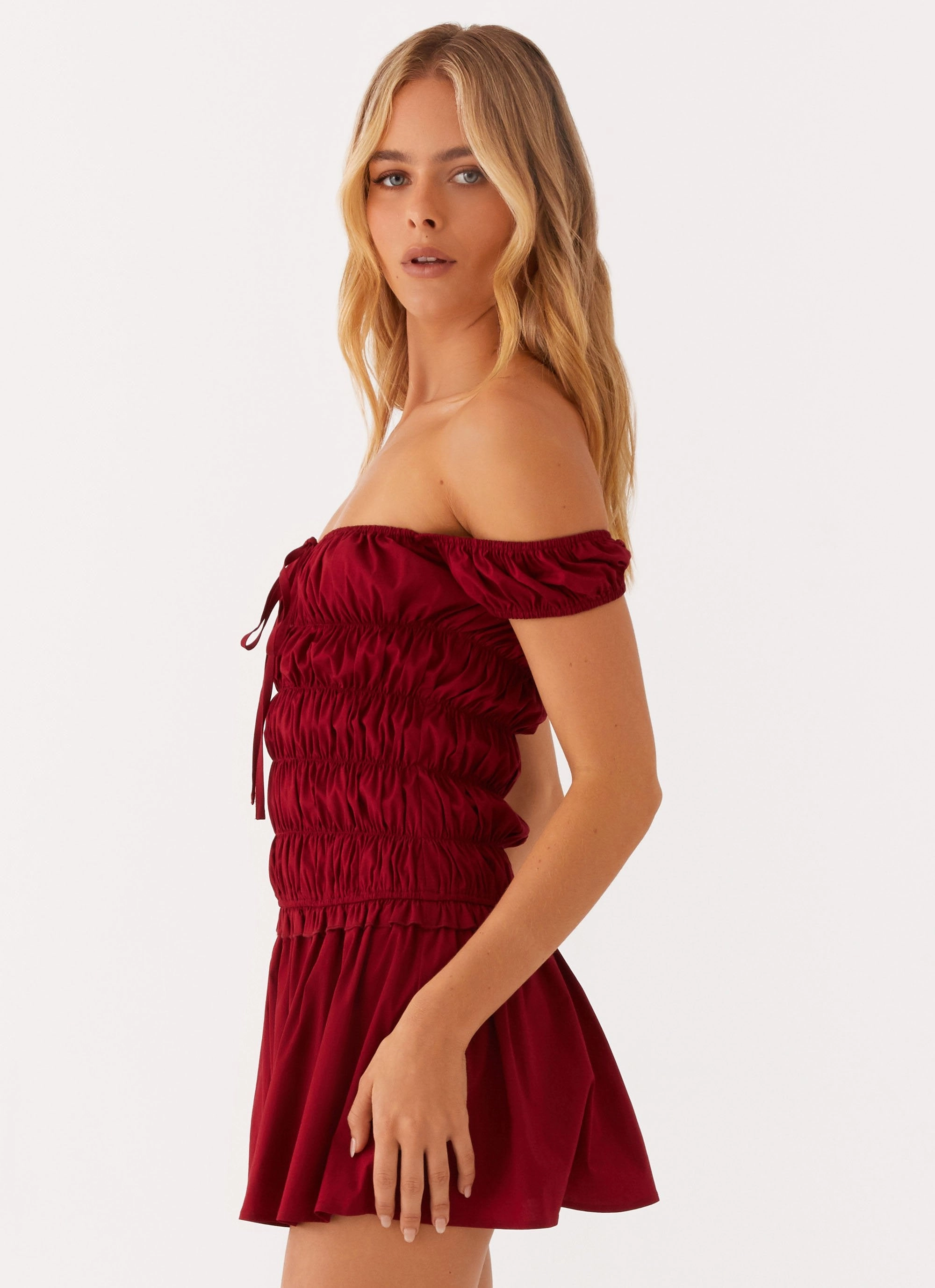 Countryside Off Shoulder Mini Dress - Deep Red Silk Flow