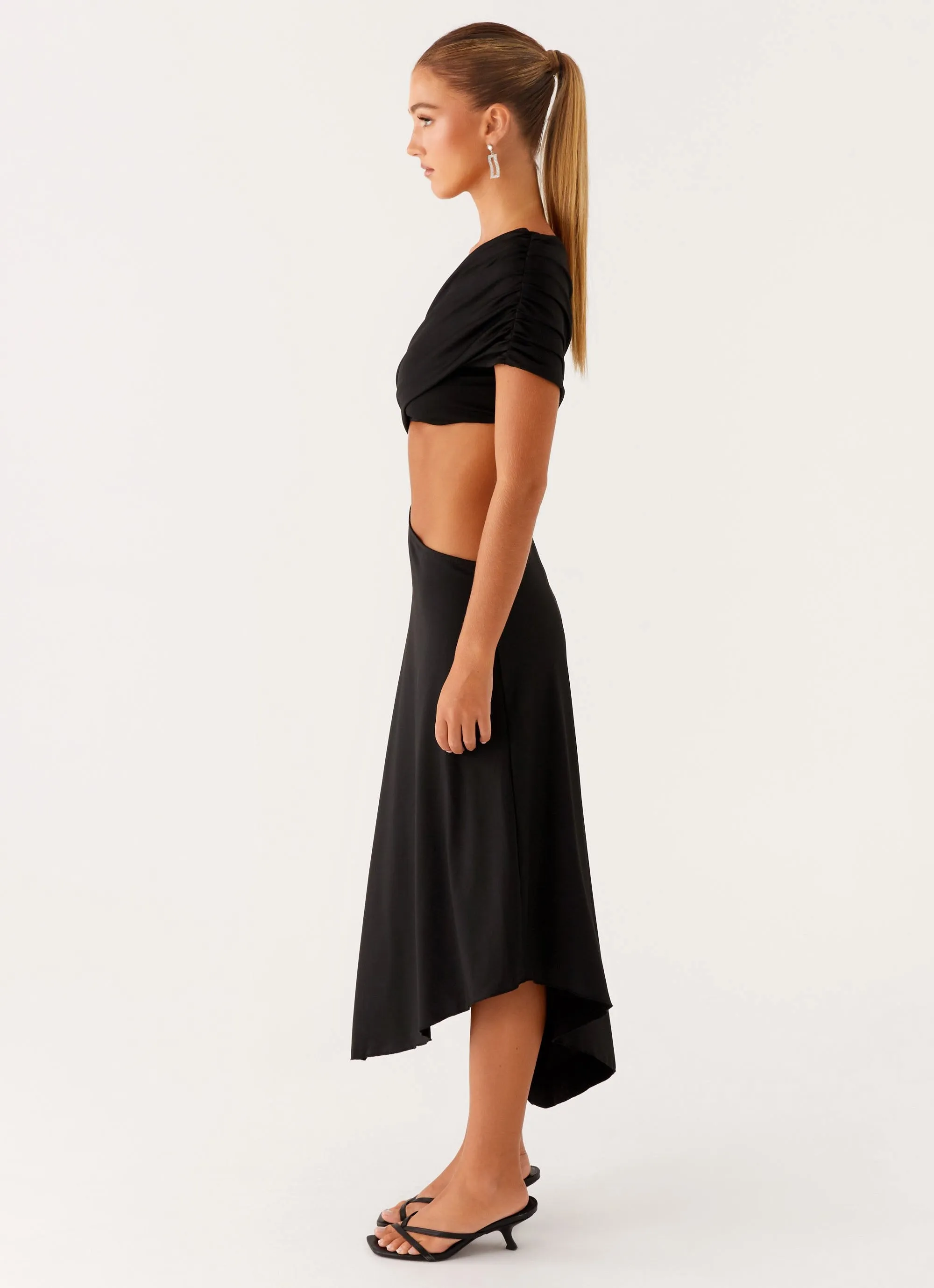 Angelina Asym Midi Dress - Black Fitted Look Easy Layers