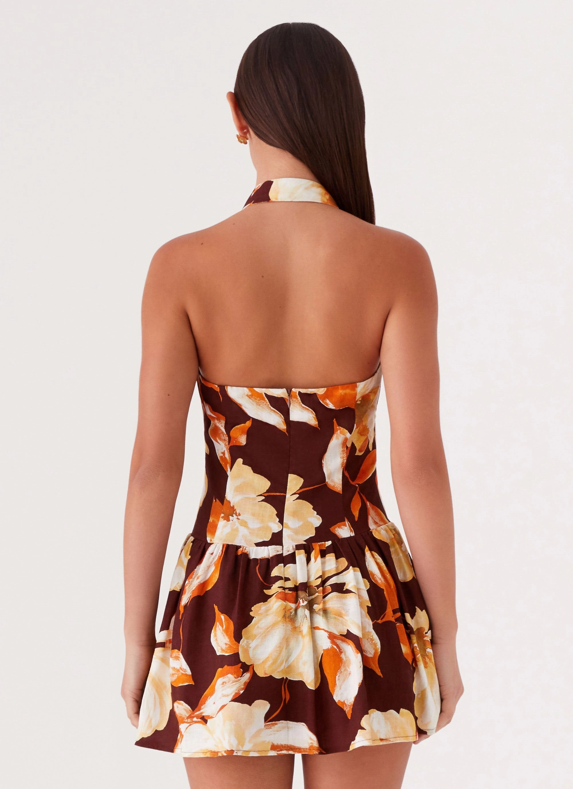Sunset Ballad Linen Mini Dress - Brown Floral Church Proper