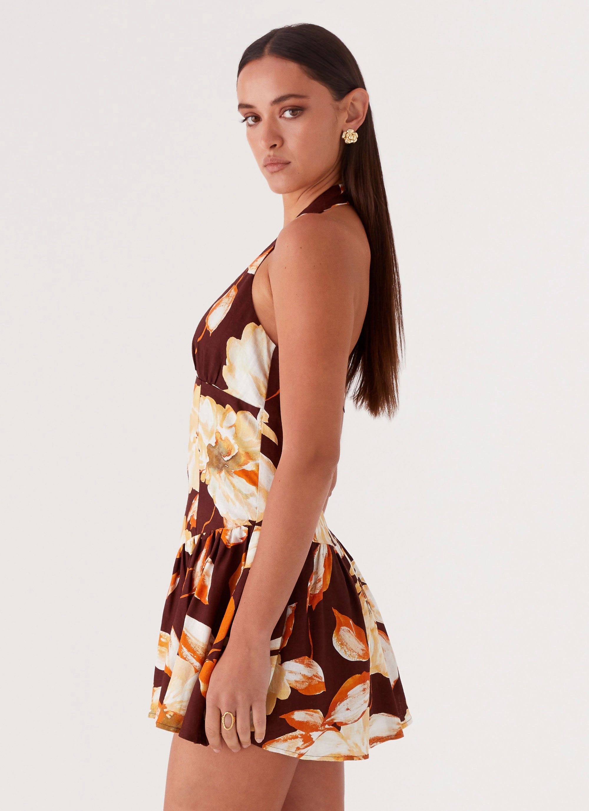 Sunset Ballad Linen Mini Dress - Brown Floral Smart Piece Peach Tone