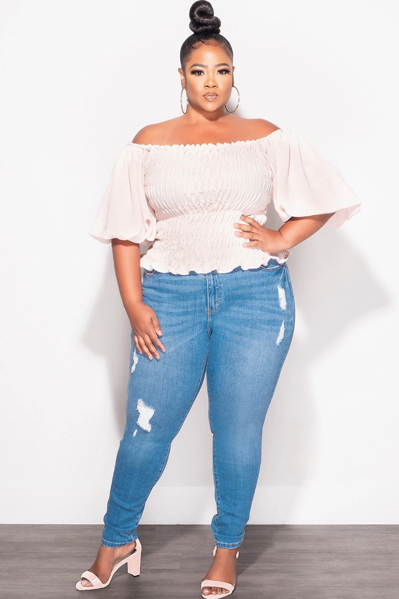 Final Sale Plus Size Off the Shoulder Smocked Top in Tan Fashionable Appeal Durable Design