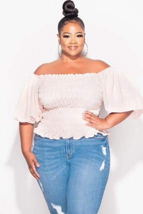 Final Sale Plus Size Off the Shoulder Smocked Top in Tan Anti Pilling Textile