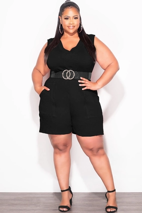 Low Maintenance stain resistant coating Final Sale Plus Size Sleeveless French Terry V Neck Romper in Black