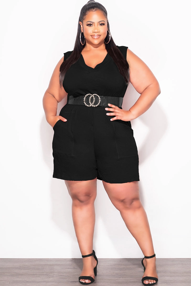 Low Maintenance stain resistant coating Final Sale Plus Size Sleeveless French Terry V Neck Romper in Black