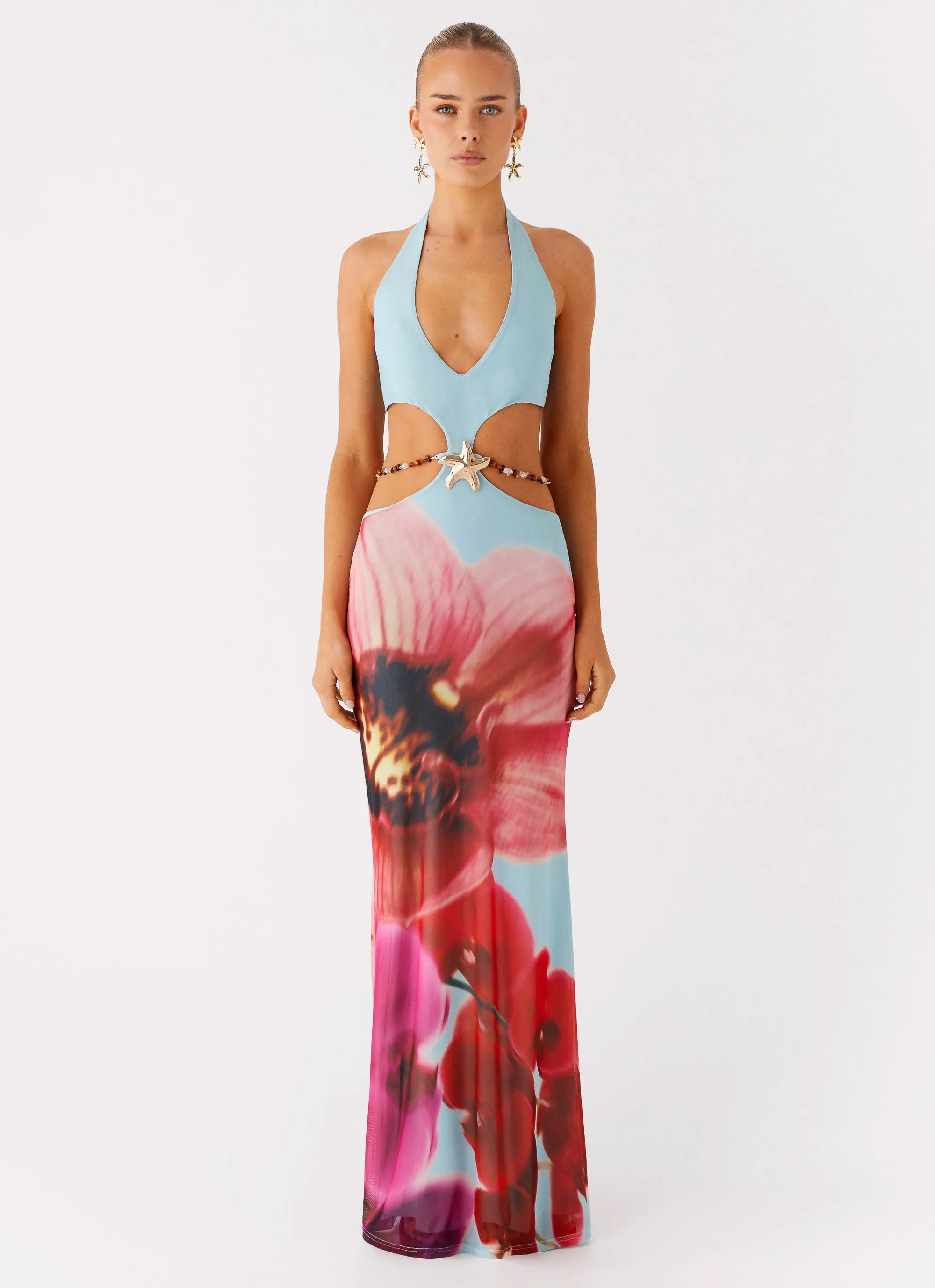 Crisp Silhouette Pleated-Skirt Time To Dance Maxi Dress - Turquoise Bloom