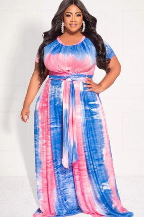 Final Sale Plus Size 2pc Set Cropped Tie Top & Pants in Pink, Blue, and White Tie Dye Print No Ride Fit stain guard