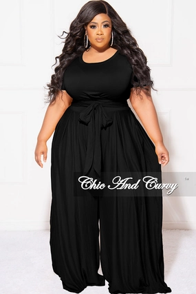 Final Sale Plus Size 2pc Set Cropped Tie Top & Pants in Black Stretch Support Fit QuickDryTechnology