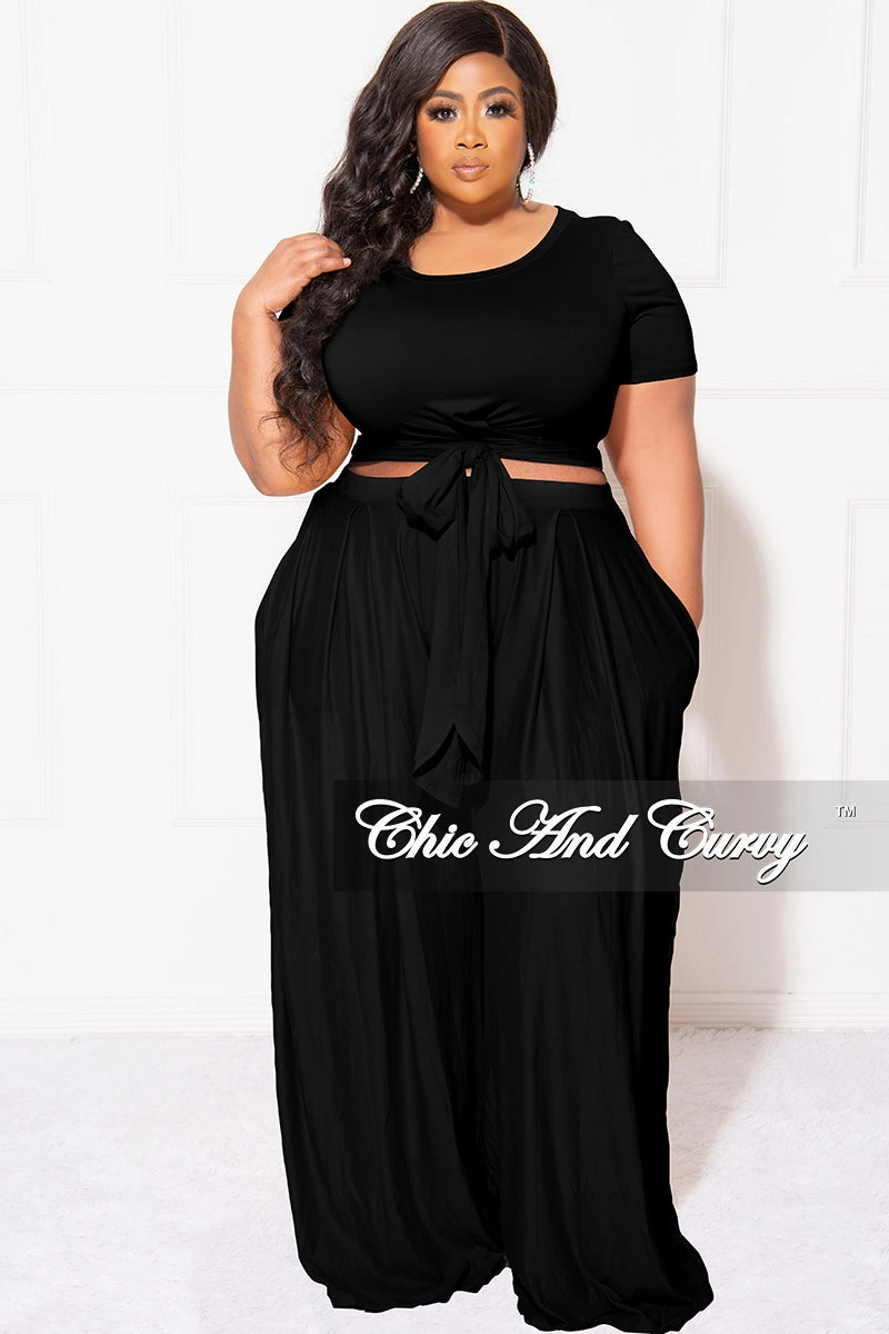 Final Sale Plus Size 2pc Set Cropped Tie Top & Pants in Black EasyCareFabric
