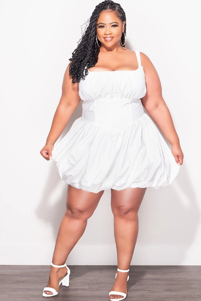 Office Appropriate Minimal Vibe Final Sale Plus Size Poplin (Windbreaker Fabric) Tank Bubble Dress With Cinched Corset Waist in White