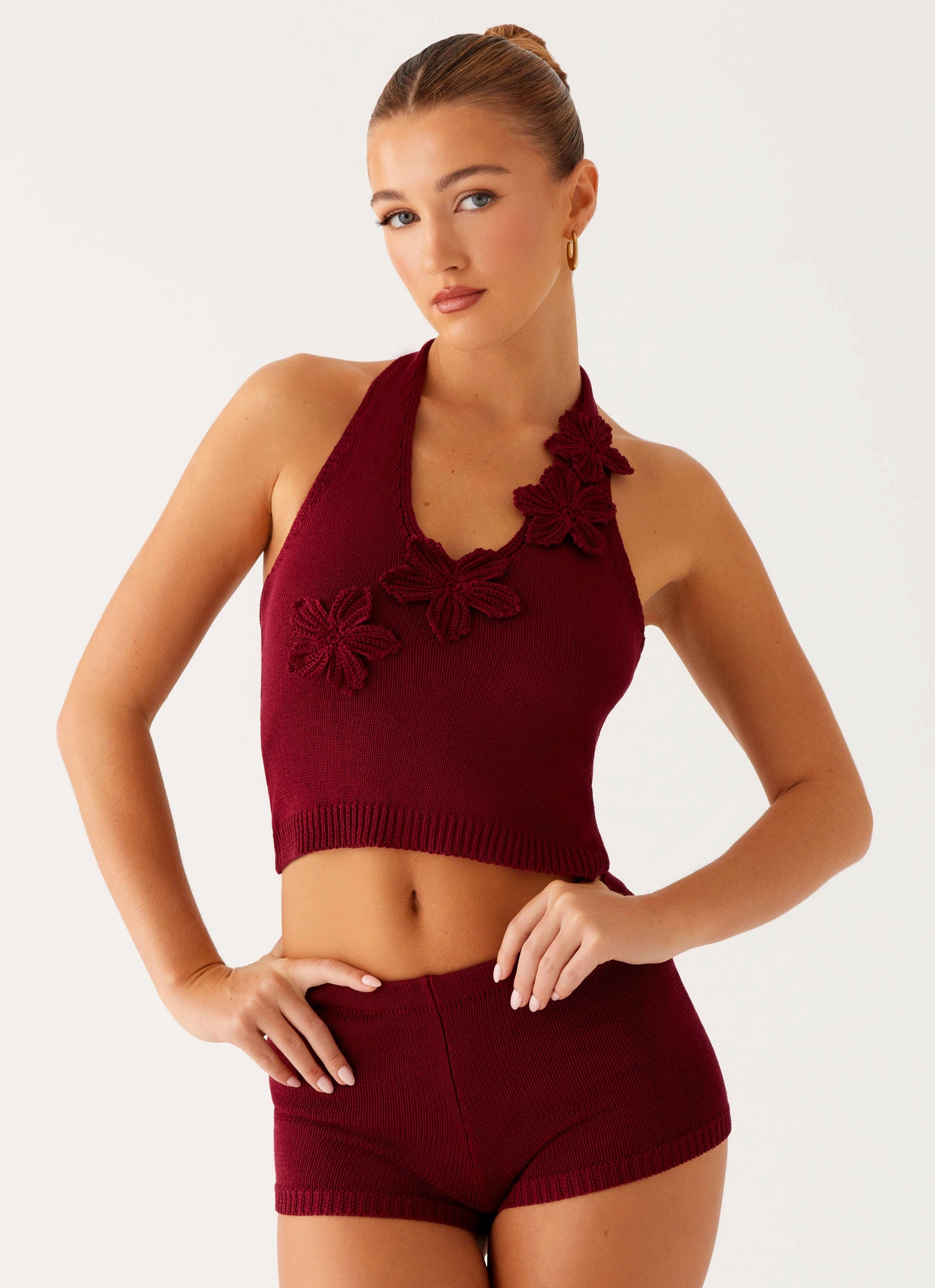 Layered Collar Structure Ventilated Panels Miffy Crochet Top - Maroon