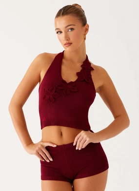 Layered Collar Structure Ventilated Panels Miffy Crochet Top - Maroon