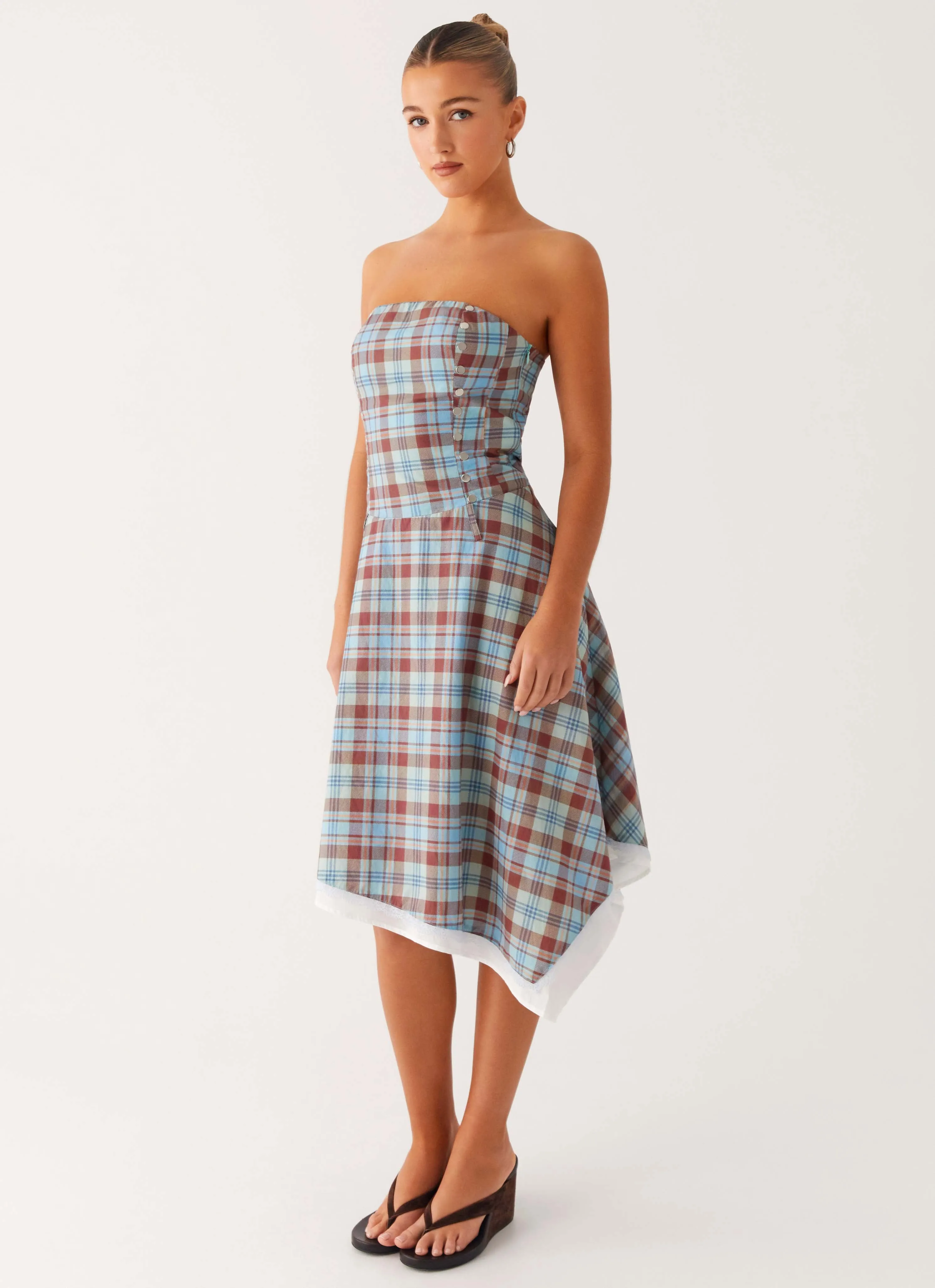 Tonie Strapless Midi Dress - Shoreline Check Sophisticated Vibe