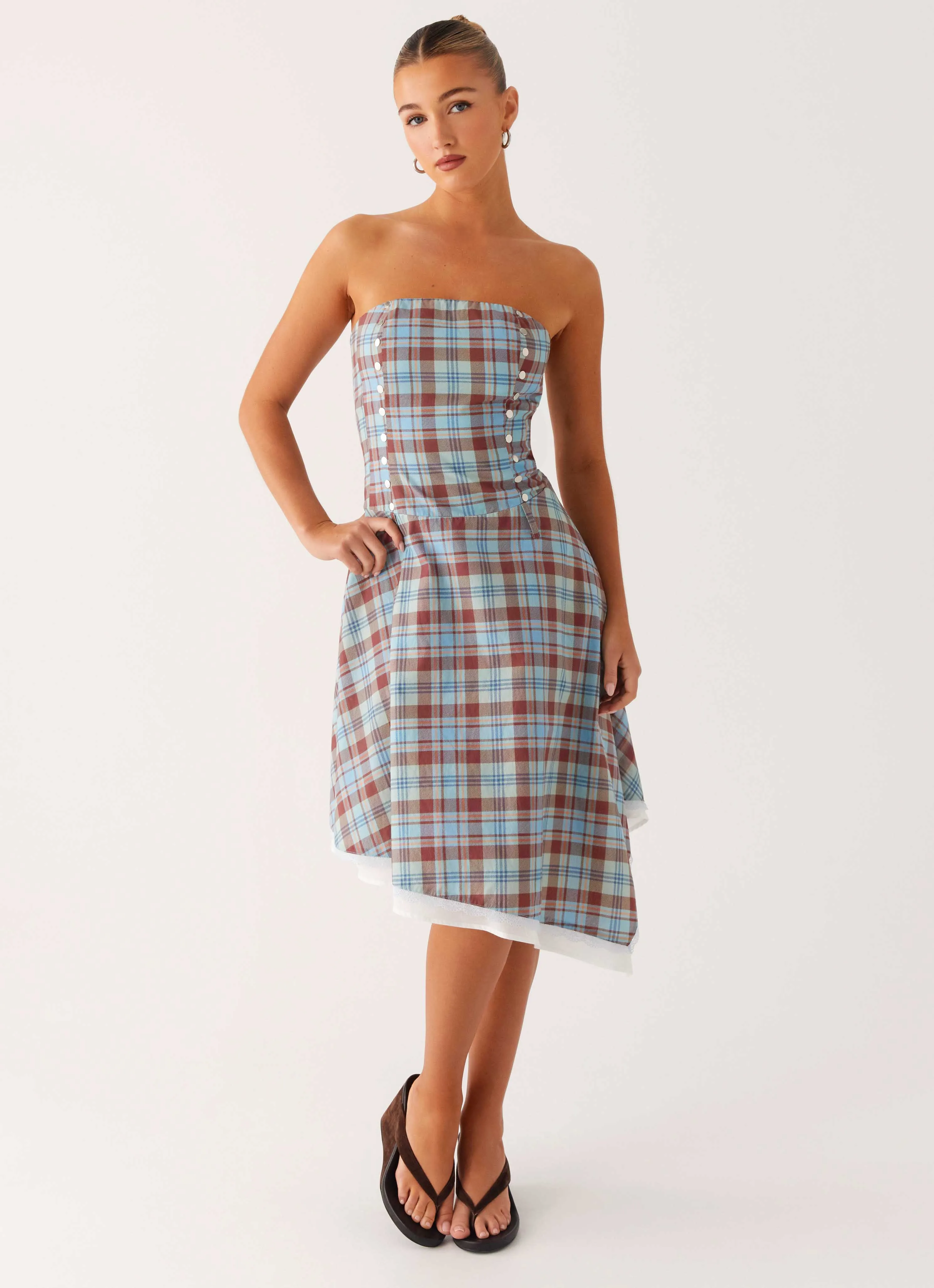 Tonie Strapless Midi Dress - Shoreline Check Easy Comfort
