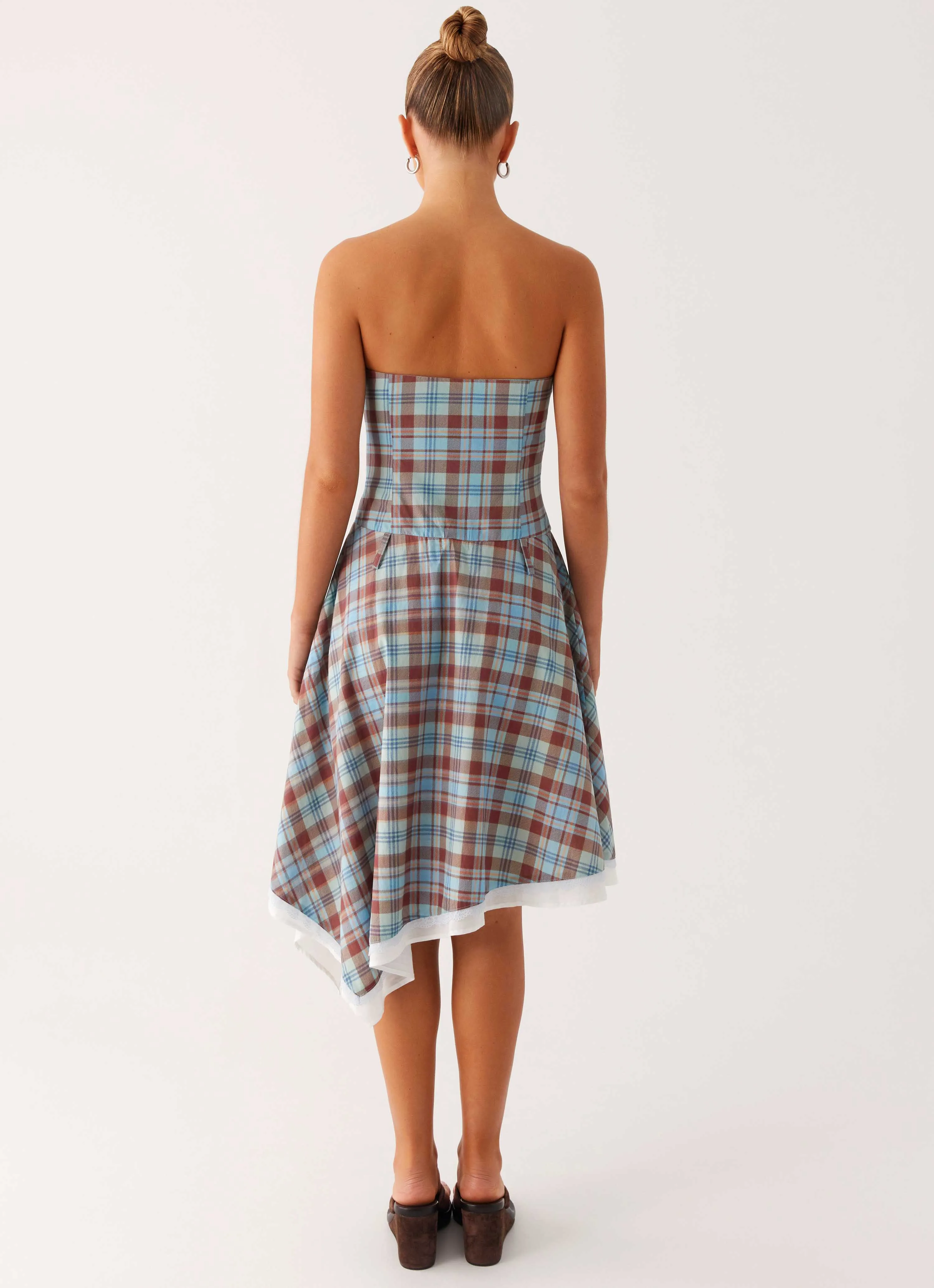 Everyday Comfort Puff-Sleeve Tonie Strapless Midi Dress - Shoreline Check