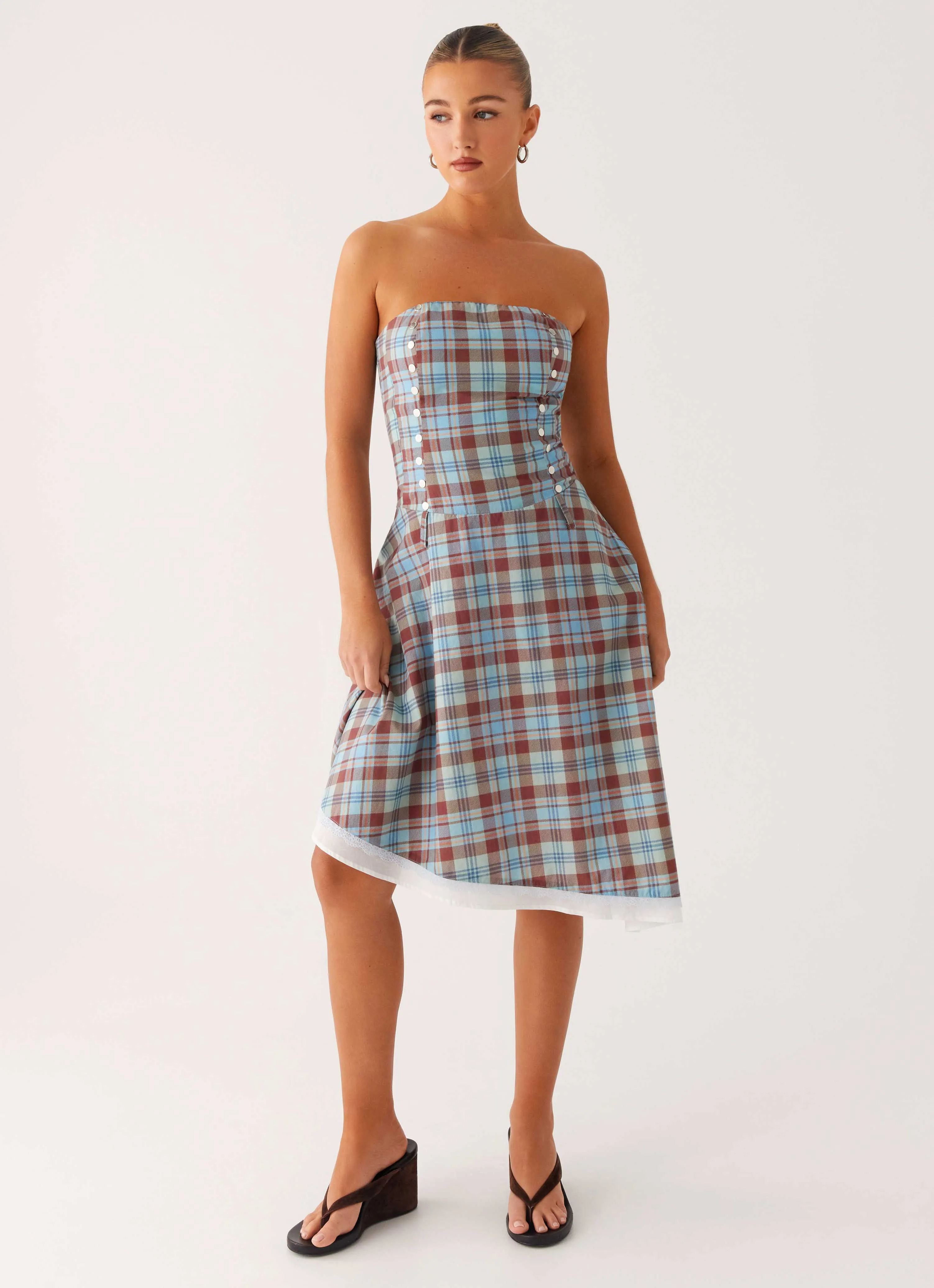 Tonie Strapless Midi Dress - Shoreline Check Easy Mood