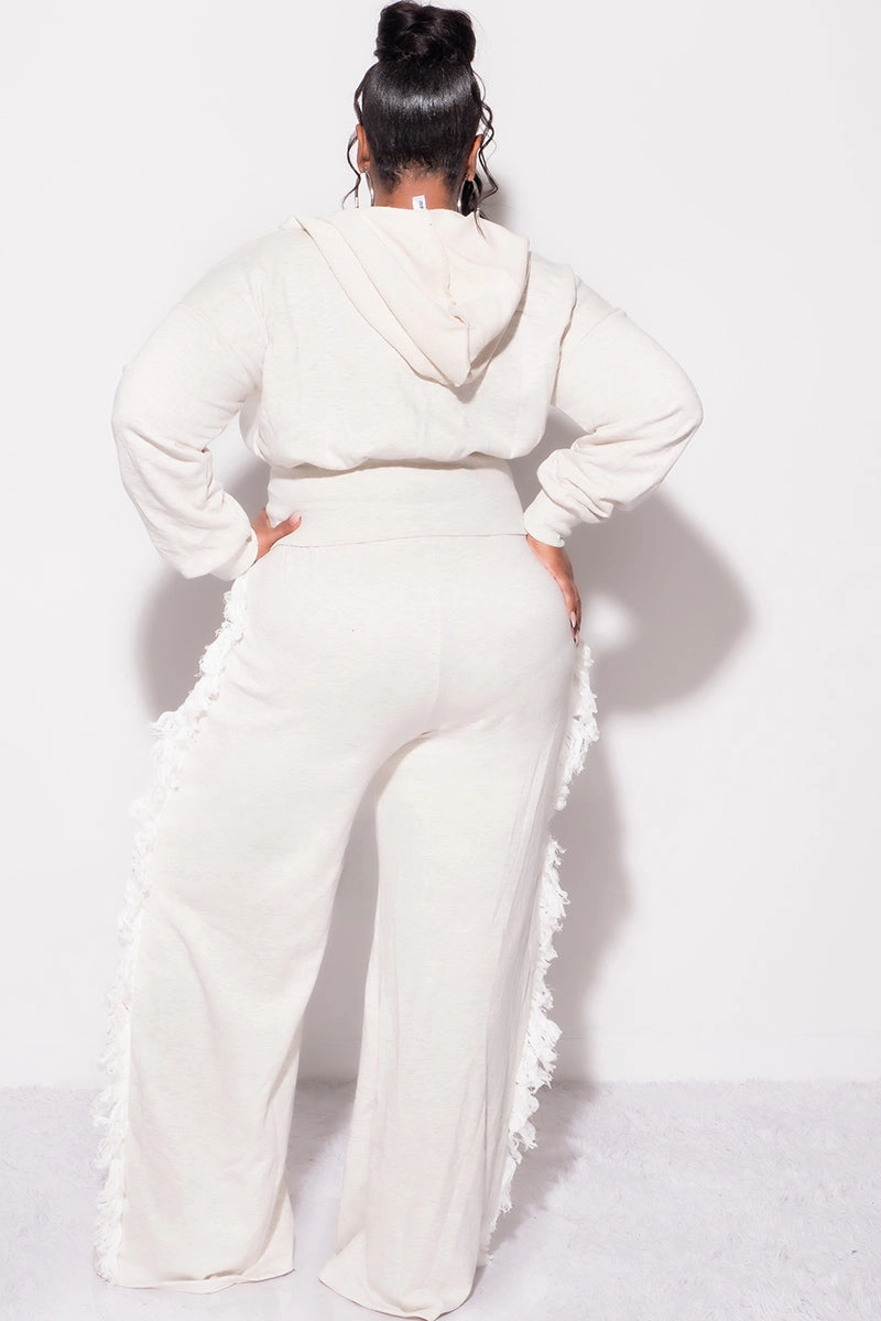 Movement Flex Final Sale Plus Size 2pc Hooded Tassel Pant Set in Ivory Grey