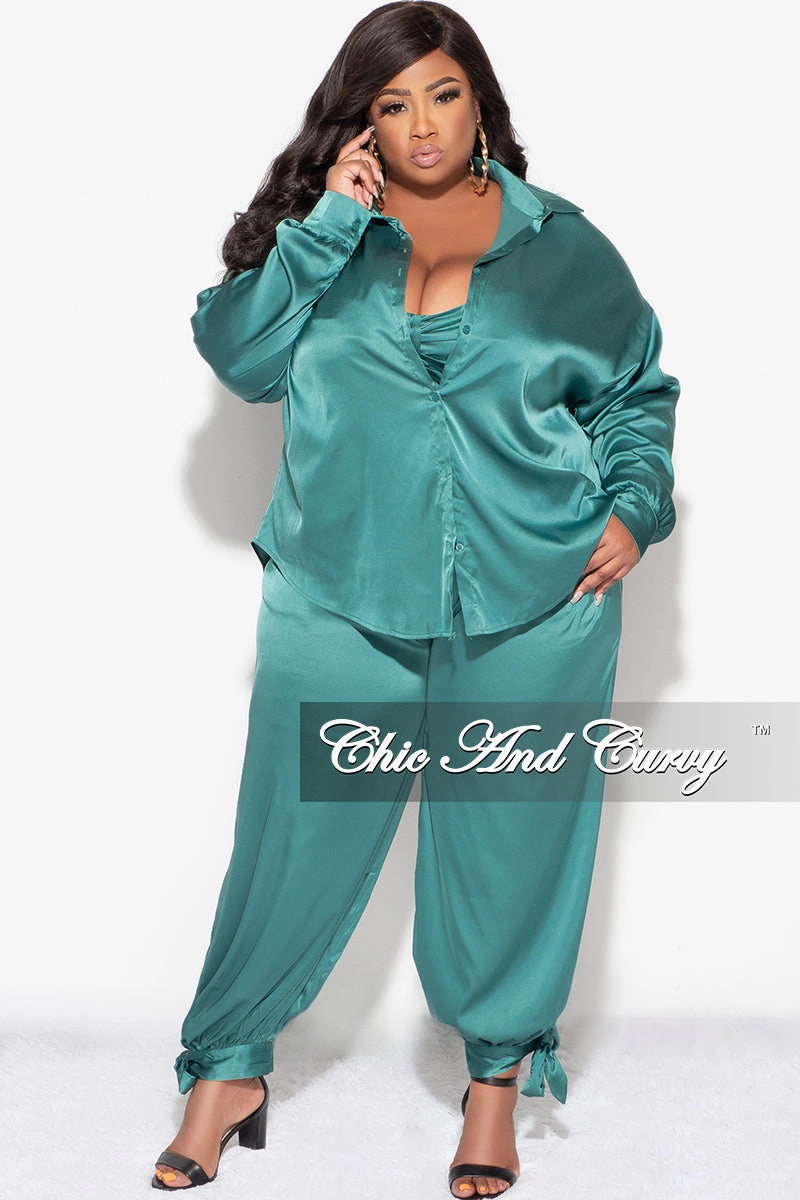 Final Sale Plus Size Satin 3pc Set (Collar Top, Tube Bra and High Waist Pants) in Green Casual Performance Fit