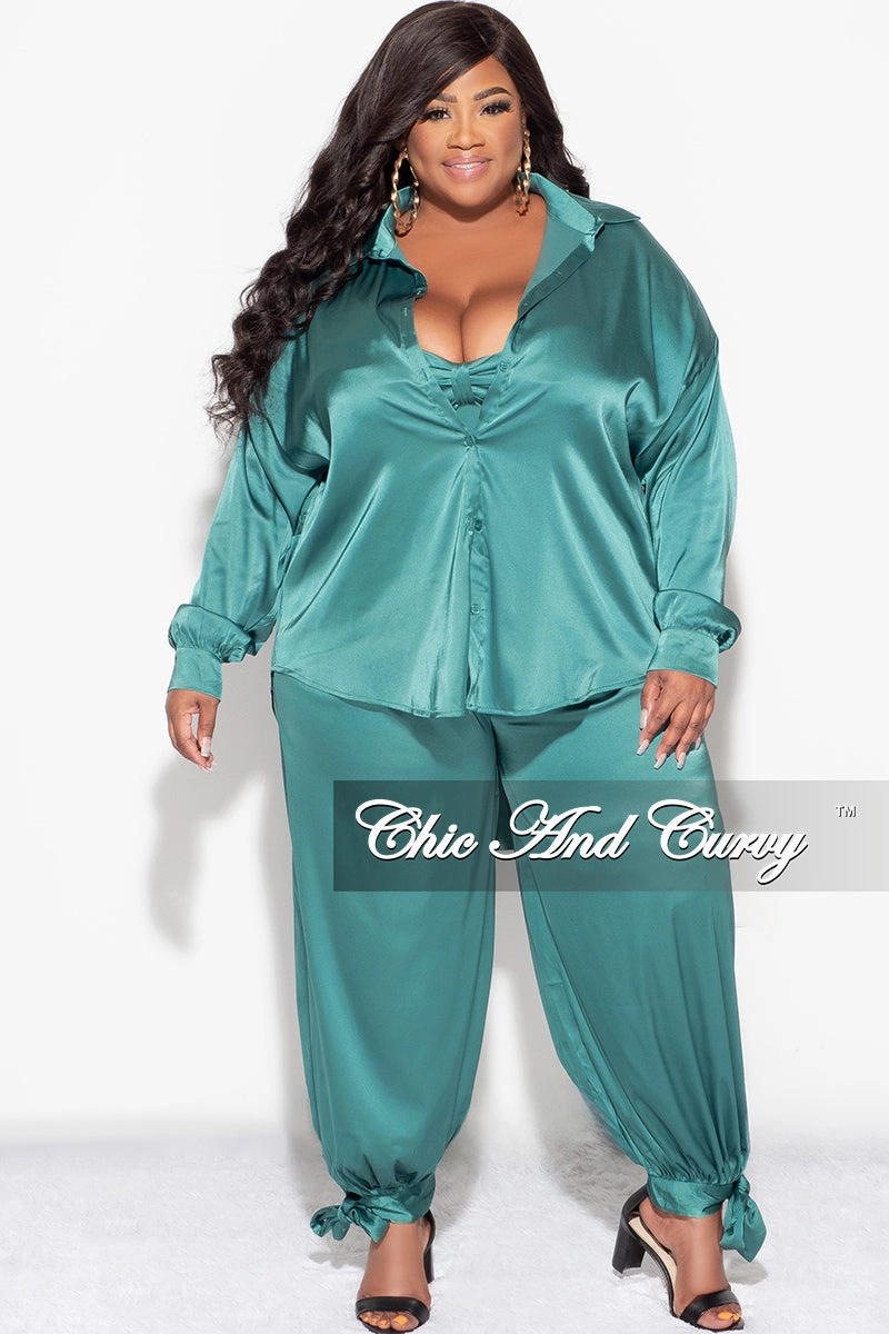 WaterproofTechnology Final Sale Plus Size Satin 3pc Set (Collar Top, Tube Bra and High Waist Pants) in Green