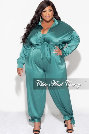 Effortless Style Full Coverage Final Sale Plus Size Satin 3pc Set (Collar Top, Tube Bra and High Waist Pants) in Green