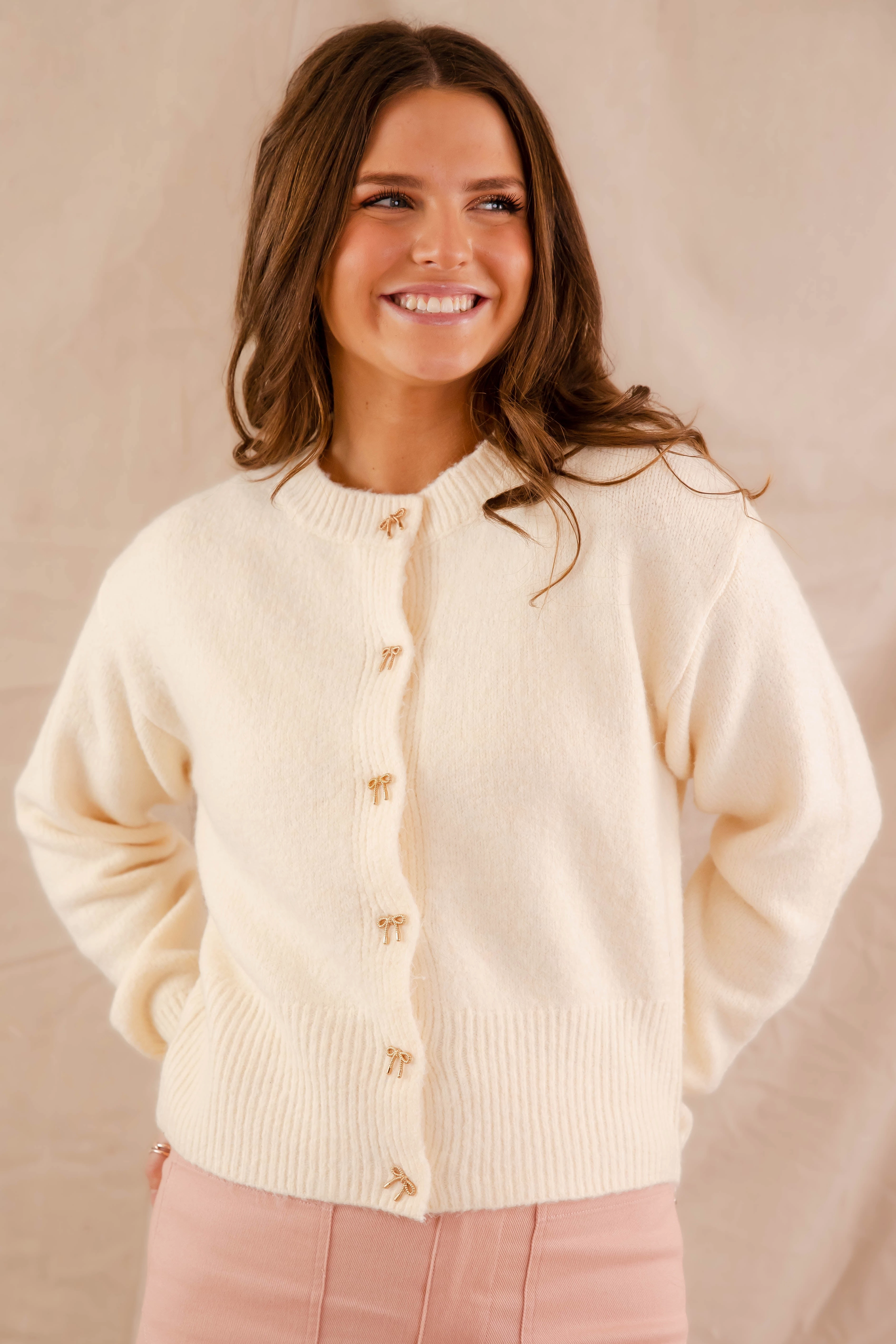 Double Layered Fabric DropShoulder Totally Smitten Cardigan-Cream