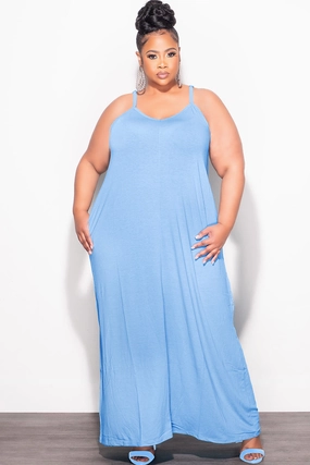 Final Sale Plus Size Spaghetti Strap Maxi Dress in Spring Blue Eco Friendly Dye Movement Flex