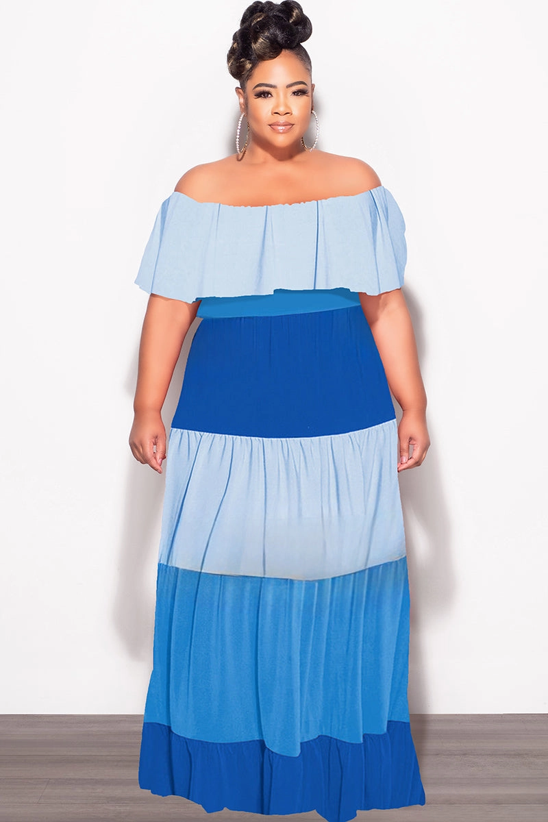 Final Sale Plus Size Off The Shoulder Tiered Maxi Dress in in Baby Blue and Royal Blue Multi Pocket Configuration