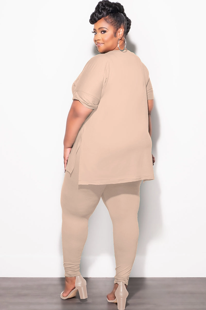 Utility Pockets Final Sale Plus Size 2pc V-Neck Tunic Top and Matching Legging Set in Light Mocha