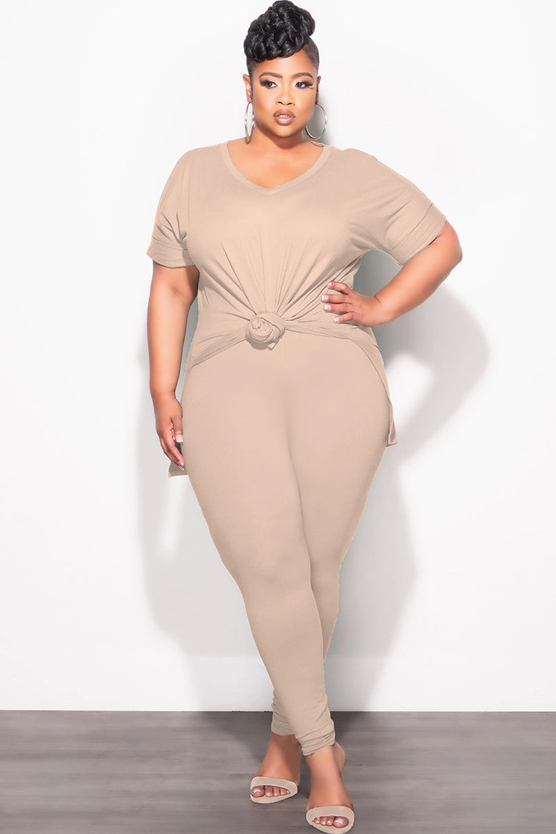 Final Sale Plus Size 2pc V-Neck Tunic Top and Matching Legging Set in Light Mocha Polished Look