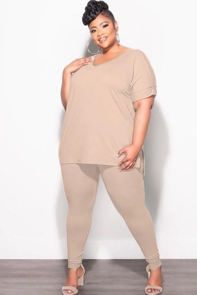 Chill Fit Comfortable Cut Final Sale Plus Size 2pc V-Neck Tunic Top and Matching Legging Set in Light Mocha