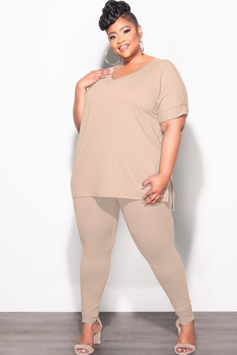 Chill Fit Comfortable Cut Final Sale Plus Size 2pc V-Neck Tunic Top and Matching Legging Set in Light Mocha