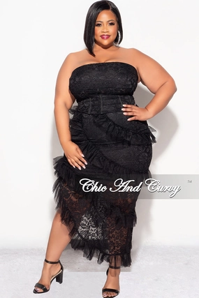 Final Sale Plus 2pc Lace Corset Top & Ruffle Skirt Set in Black MachineWashableFabric Reinforced Pockets